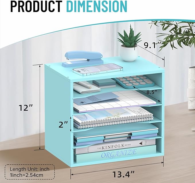 5-Tier Wood Desk Organizer, Paper Tray Organizer for Desk with Adjustable Storage Shelves, Desktop File Organization Paper Sorter Mail Holder for Office Home Classroom, Blue