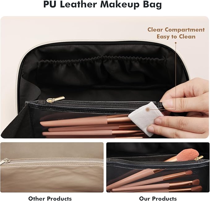 Prite Makeup Bag for Women Travel Waterproof Vegan Leather Cosmetic Bag Open Flat Toiletry Bag With Clear Divider and Handle (Black, Large)