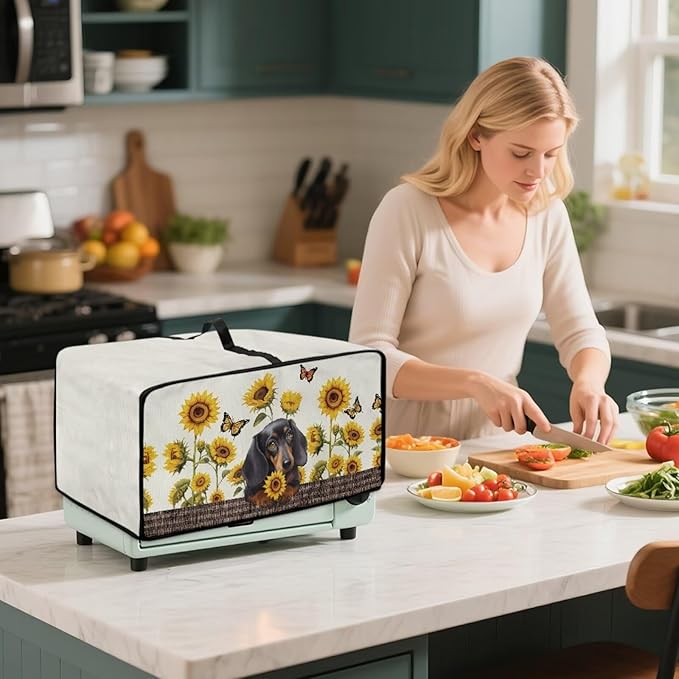 Dachshund Dog Sunflower Butterfly Print Microwave Oven Dust Cover Dustproof Microwave Toaster Oven Cover Polyester-Linen Fabric Kitchen Machine Covers for Toaster Oven Air Fryer, L