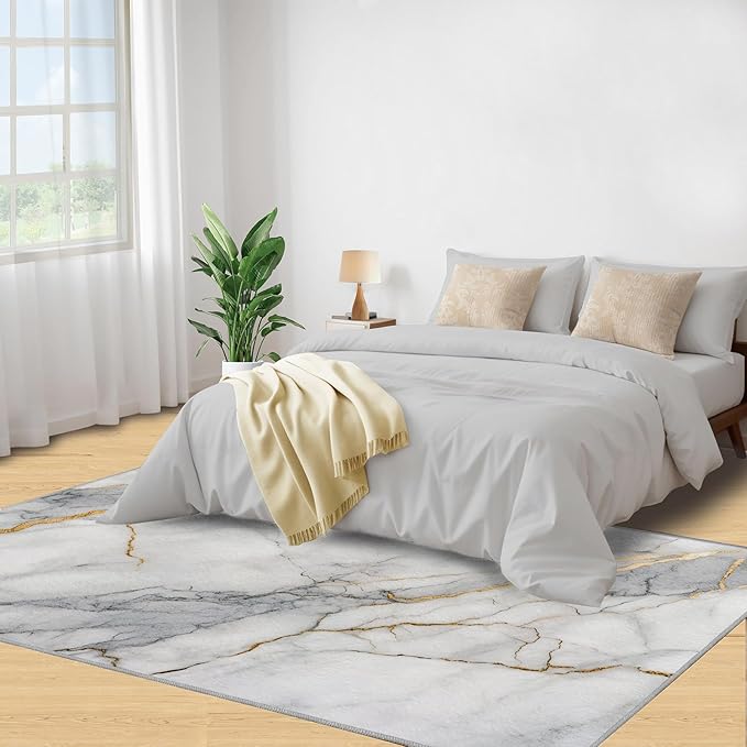 6x8 Abstract Marble Classroom Rugs - White-Marble Playroom Rug, Modern Luxury Carpet Area Rug for Girls Bedroom Kids Room Basement Office Classroom