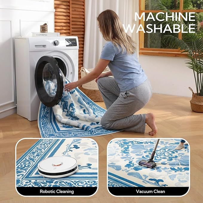 SOULFUL Medium Pile 8x10 Rugs for Living Room - Soft Foot Feel Large Area Rug - Mist Blue Boho Floral - Washable Non-Slip - Perfect for Bedroom Kids Room Under Dining Table Office