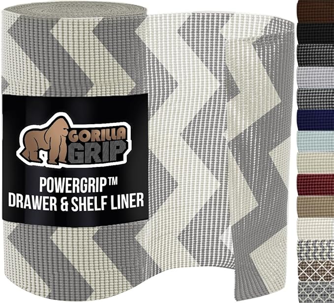 GORILLA GRIP powerGRIP Drawer Shelf and Cabinet Liner, Thick Strong Hold, Non-Adhesive Liners Protect Kitchen Cabinets and Cupboard, Bathroom Drawers, Easy Install, Breathable Mat, 20" x30', Chevron