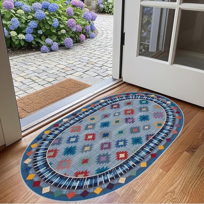 Funky Vintage Blue Red Orange Geometric Texture Indoor Area Rug for Living Room Bedroo Dining Room Faux Wool Soft Low Pile Oval Rugs 12x14 Entrance Nursery Farmhouse Rustic Country Home Office Carpet