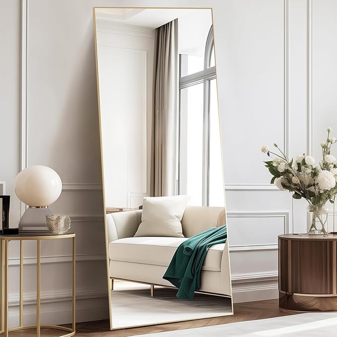 NEWBULIG 64"x21" Full Length Mirror, Full Body Floor Mirror with Aluminum Alloy Thin Frame, Wall or Standing Mirror for Bedroom, Living Room, Dressing Room, Gold-Rect