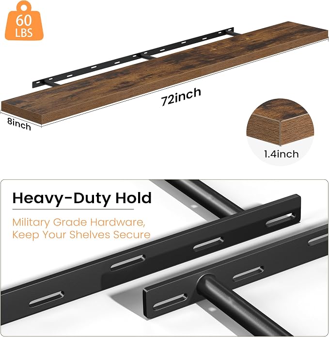 Fun Memories Floating Shelves for Wall, 72 Inch Long Set of 2 Rustic Wood Wall