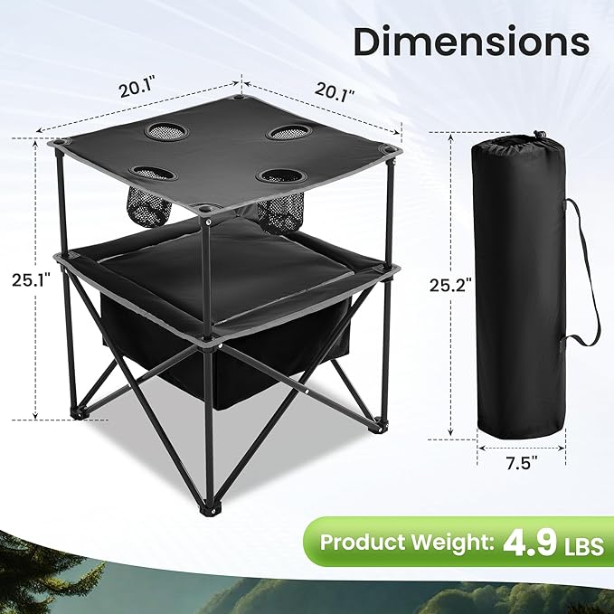 Portable Outdoor Folding Camping Table with 4 Cup Holders & Cooler Compartment, Waterproof Picnic Table for Picnic, BBQ, Beach, Hiking (Black)