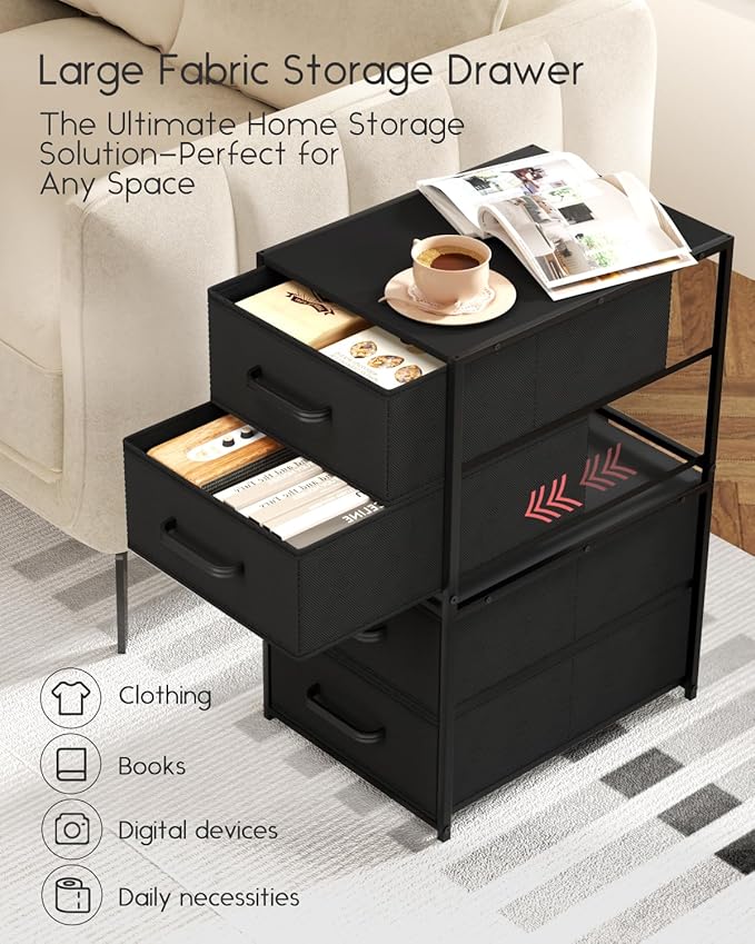 Homsorout Stackable Storage Drawers - 2 Tier Closet Organizer with Metal Handles, Fabric Dresser with Collapsible Bins for Bedroom, Dorm, Office, Black, 2 Pack