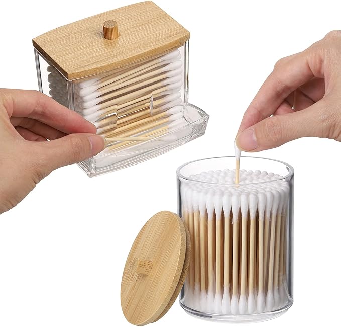 Tbestmax Qtips Holder Bathroom Container, 10/7 OZ Cotton Ball/Swabs Dispenser, Apothecary Jar Organizer for Storage Wood Lids