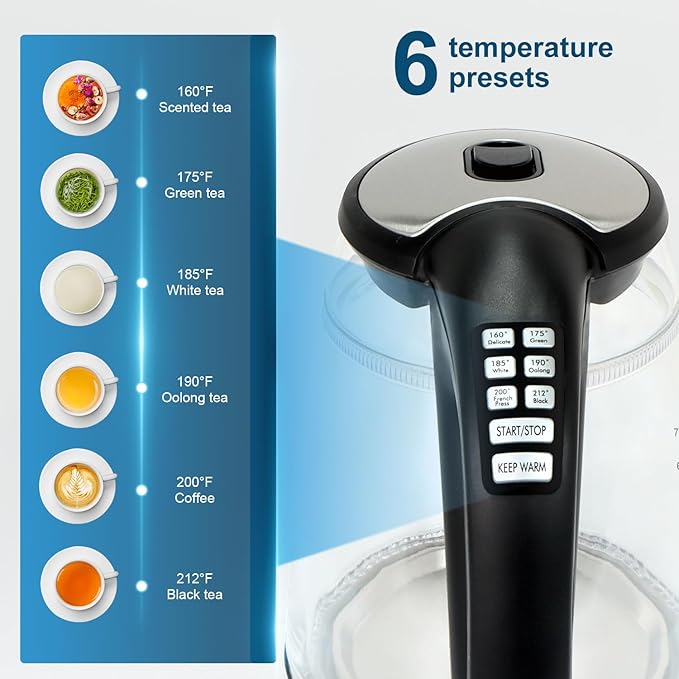 Plaman Cool Touch Electric Kettle with 6 Temp Presets for Tea/Coffee