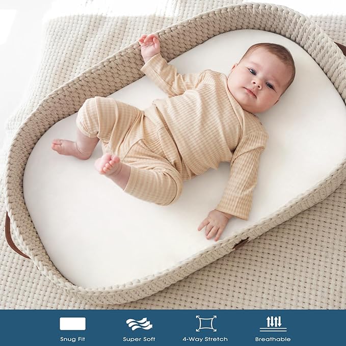 GRSSDER Stretchy Ultra Soft Fitted Bassinet Sheet 2 Pack, Universal Fit for Bassinets Baby Cradle Moses Basket Oval Rectangle Mattress Safe and Snug, Jersey Bassinet Sheets for Girls, White/Sage