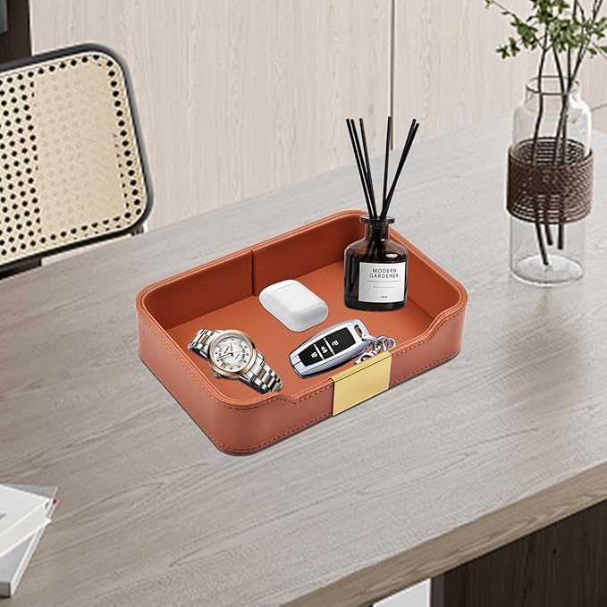 Luxury Leather Valet Tray Desktop Storage Organizer,Bedside Vanity Catchall Tray Nightstand Caddy Holder for Cosmetic,Jewelry,Watch,Keys,Phone,Wallet,Remote Controller,Pen,Orange