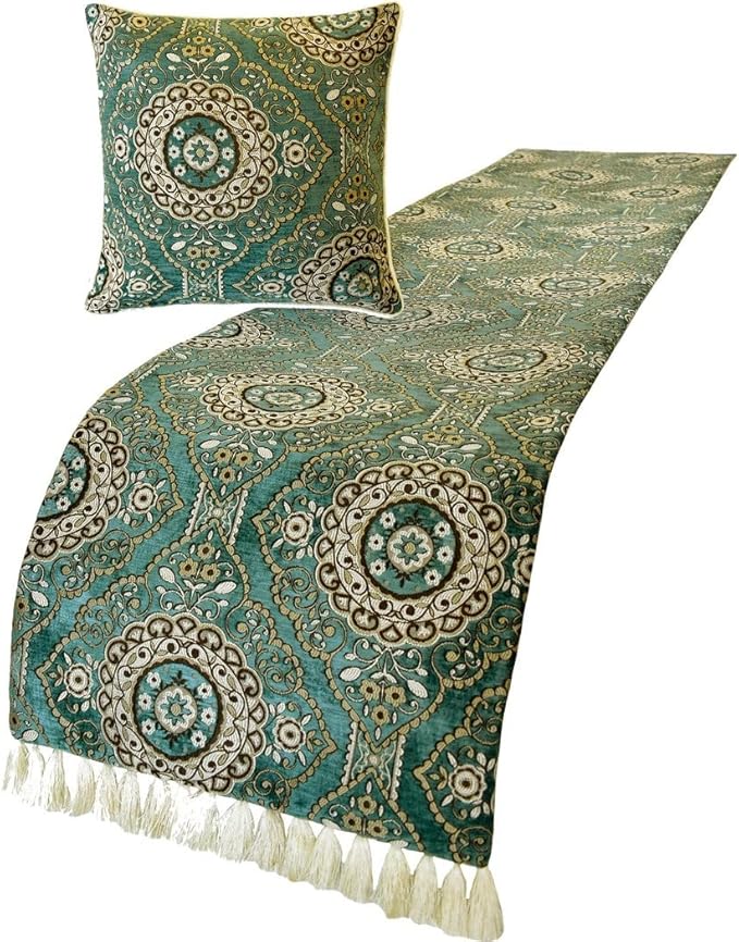 The HomeCentric King/Queen/Twin Teal Decorative Twin 53"x18" Bed Runner with Pillow Cover, Art Deco, Floral, Tassels & Velvet Bed Scarf on Velvet Fabric - Ahmet