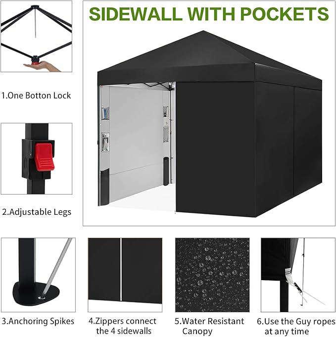 Tunbne 10X10 Comercial Pop Up Canopy Tent with 4 Sidewalls and 6 Pockets, One Push Setup Center Lock, for Beach Patio Outdoor, Case, 8 Stakes, 4 Ropes, 4 Sandbags (Pitch Black)
