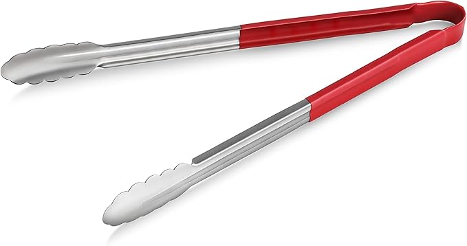 New Star Foodservice 16 Inch Utility Spring Tongs, Set of 12, Commercial Restaurant Grade Stainless Steel Tongs with Red Vinyl Coated Handles