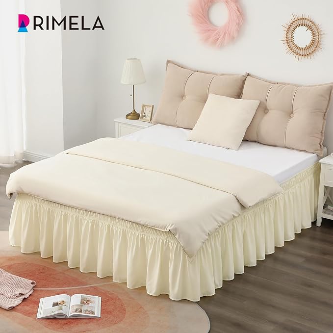 RIMELA Butter Yellow Bed Skirt Full Size 15 Inch Drop, Elastic Bed Skirting for Bed Base and Frame, Bedding Dust Ruffle Easy to Install, Lightweight Wrap Around Adjustable Bedskirt