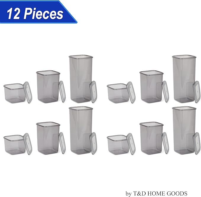T&D HOME GOODS Storage Jars with Lid, Airtight, Set of 12 Storage Containers, BPA-Free, Storage Container for Cereal, Flour, Kitchen, Practical Organiser Kitchen, (12, 3 Square diff size)