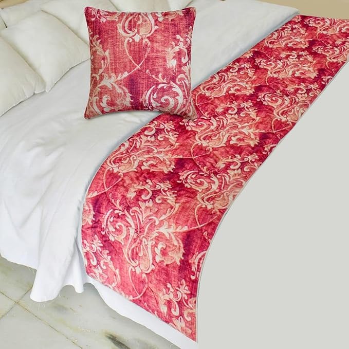 The HomeCentric King/Queen/Twin Pink Luxury Full 68"x18" Bed Runner Without Pillow Cover, Damask, Quilted Bed Scarf on Velvet Fabric - Pink Dalliance