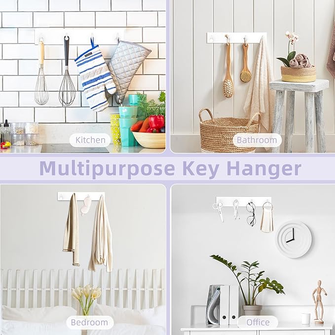 VIS'V Key Holder Wall Mount, Large Metal Self Adhesive Key Hanger with 4 Hooks, No Drilling, Extra Adhesive Strip, White