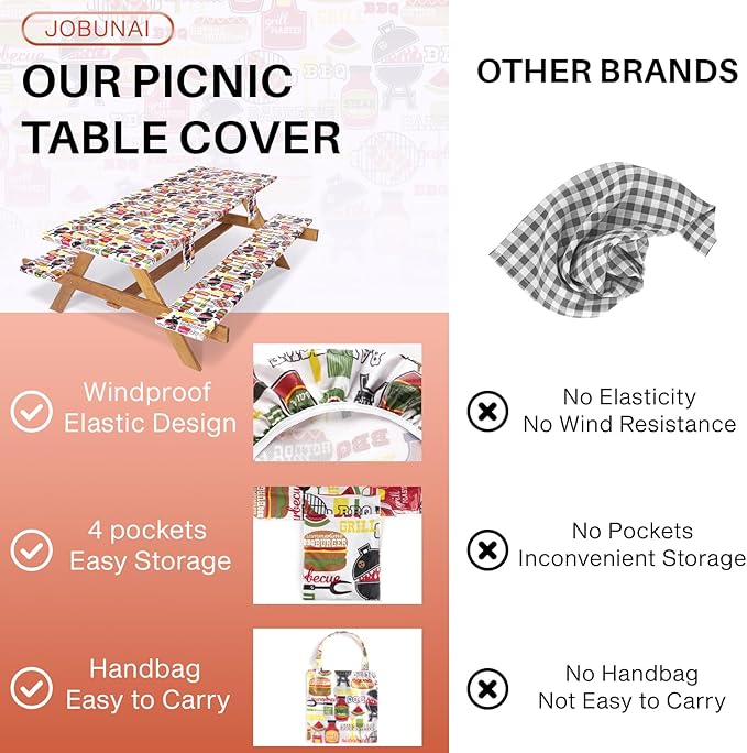 3 Piece Picnic Table Cover with Bench Covers Fitted Camping Table Cloths for 8Ft Tables Camper Travel Trailer Must Haves Motorhome Garden Tools Couple Wife Husband Boyfriend Girlfriend Gift