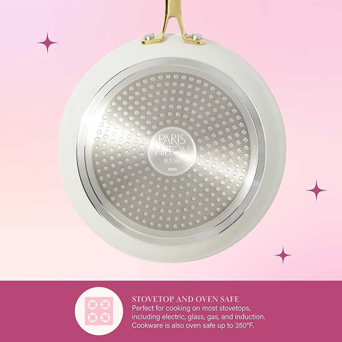 Paris Hilton Iconic Nonstick Pots and Pans Set, Multi-layer Nonstick Coating, Matching Lids With Gold Handles, Made without PFOA, Dishwasher Safe Cookware Set, 10-Piece, Cream