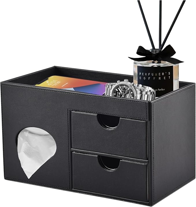 Square Tissue Box Cover with Drawers,Tissue Box Holder with Storage Tray, Makeup Organizer and Desk Organizer,Tissue Holders Decorative for Bathroom Vanity NightStand Dressing Table (Black)