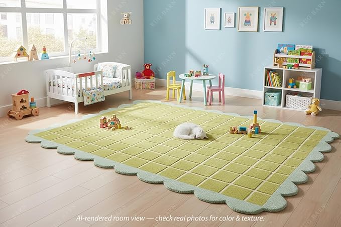 Checkered Wool Area Rug with Scalloped Border, Chartreuse Green & Cream Grid, Hand-Tufted, Soft Cut Pile, Modern Cottagecore Living Room, Bedroom & Nursery Carpet - 3x5 Ft