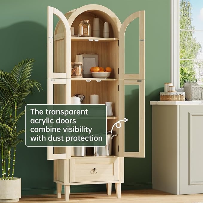 71" Tall Arched Cabinet with Acrylic Door, Modern Curio Arched Bookcase W/Drawer