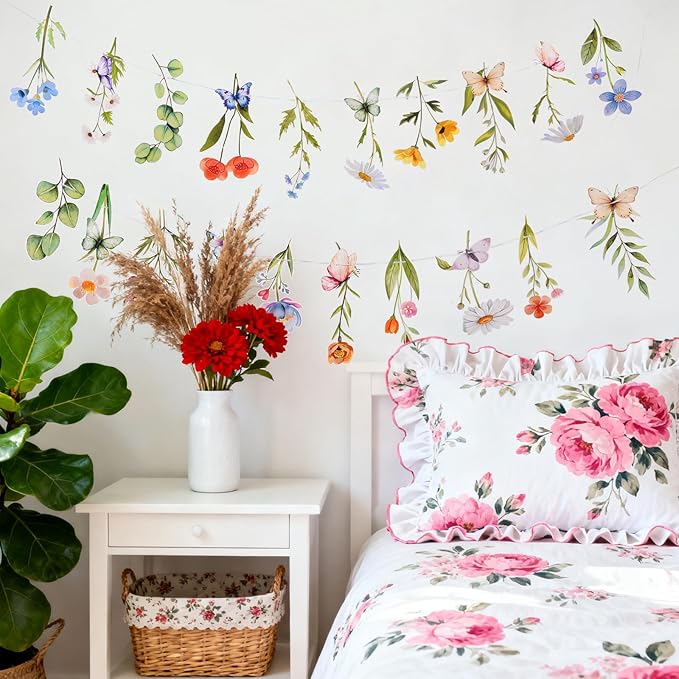 Pre-Strung Flower Garland Wildflower 2PCS Birthday Banner Tea Party Supplies Decorations Butterfly Floral Spring Leaf Daisy Bridal Shower Wedding Gard