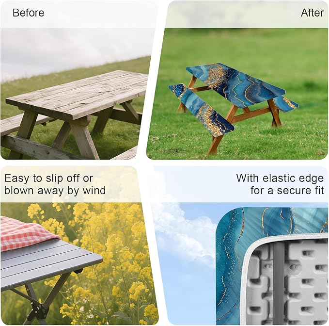 ANNA QUEEN 6FT Blue Marble Picnic Table Cover with Bench Covers Picnic Table Cover Set 3PCS 72"x30", Waterproof Outdoor Bench and Tablecloth Furniture Protection for Camping