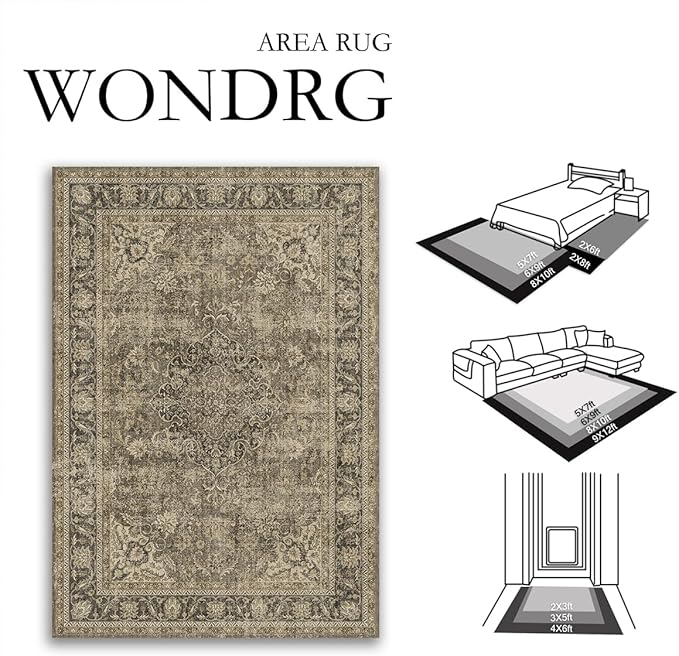 5x7 Washable Brown Area Rug Vintage Living Room Bedroom Carpet Non-Slip Soft Low Pile Distressed Indoor Throw Rug for Dining Room Entryway Office