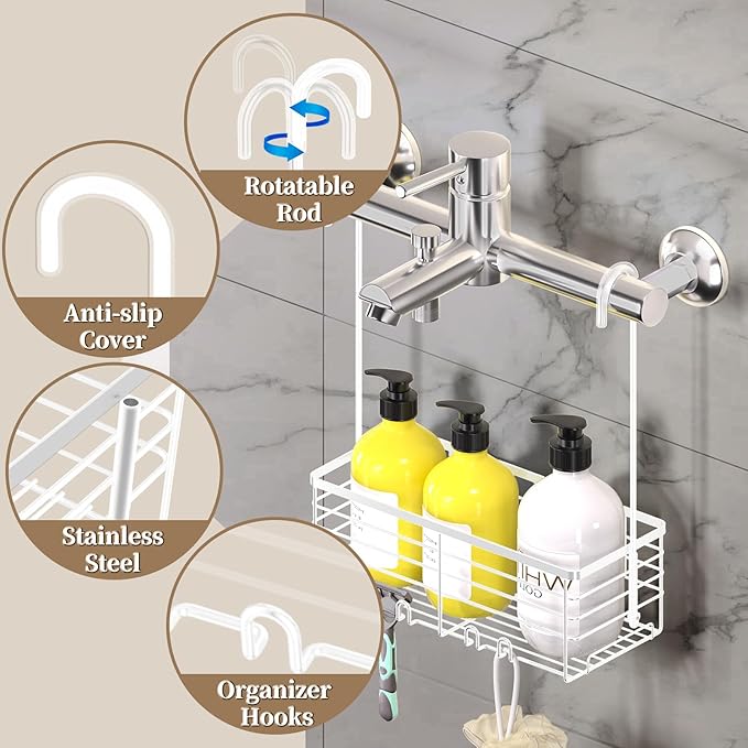 DELLAN Hanging Shower Caddy, Shower Rack Hanging for Bathroom, Shower Rack with Hooks Over the Door, Bathroom Shower Caddy and Basket(White)