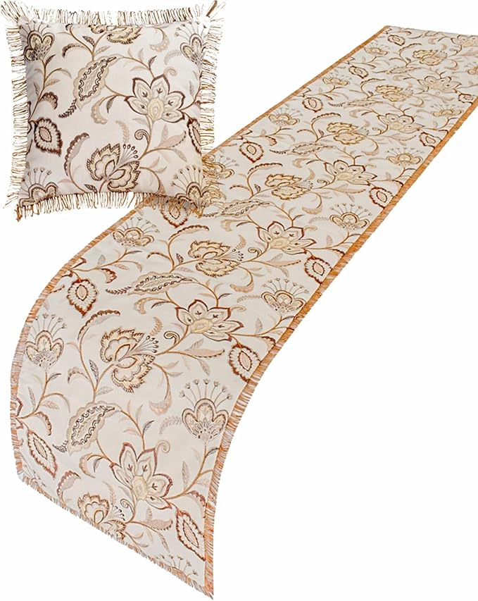 The HomeCentric King/Queen/Twin Beige Decorative Bed Runner CA King 86"x18" Bed Runner Without Pillow Cover, Floral, Pearl, Jute Lace, Embroidery Bed Scarf on Cotton Fabric - Floral Luster