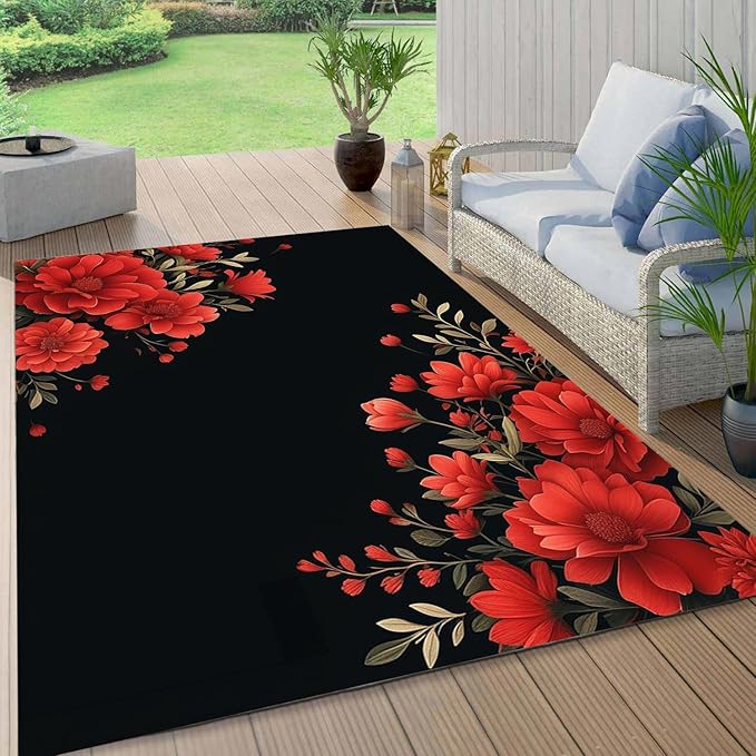 Botanical Floral Pattern 5x7 Outdoor Rug for Patio Deck Camping Balcony Porch Garden Backyard Flower Print Large Carpet Black Red Soft Waterproof Non Slip Outside Mat