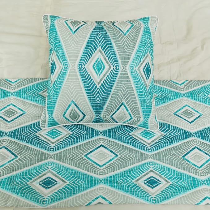 The HomeCentric King/Queen/Twin Blue, Ivory & Grey Decorative King 90"x18" Bed Runner with Pillow Cover, Quilted & Printed Bed Scarf on Cotton Fabric - Tallulah