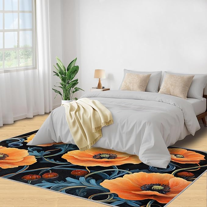 4x5 Poppy Indoor Outdoor Rug - Retro Florals Art Bedside Rug, Rustic Flowers Art Washable Entry Way Rugs Kids Carpet for Inside House Playroom Living Room End Table Nursery