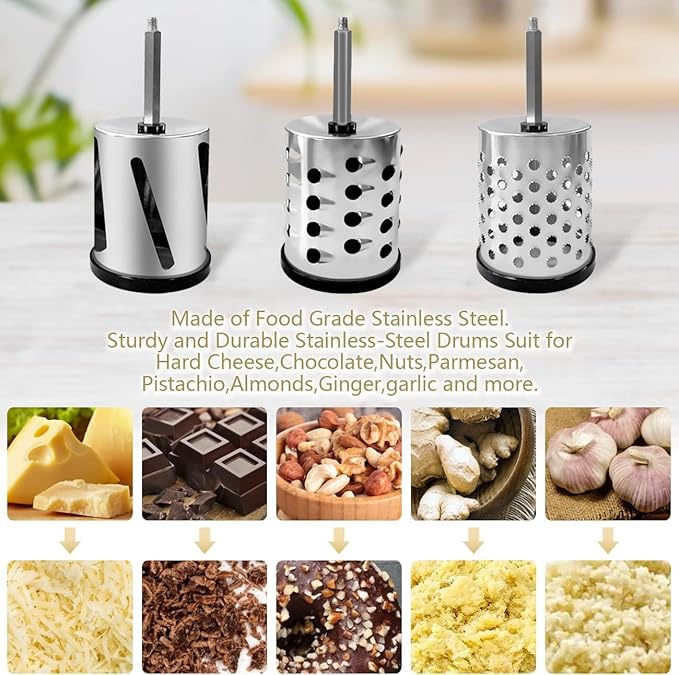 LHS Stainless Steel Rotary Cheese Grater with 3 Interchangeable Drum Blades