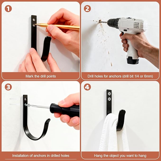 12 Pcs Wall Hooks for Hanging, Large Coat Hooks Wall Mount, Heavy Duty Screw in Metal Hooks for Wall (22LB), Towel Hooks for Bathrooms, Door, Mudroom, Backpack, Clothes, Closet, Purses, Black