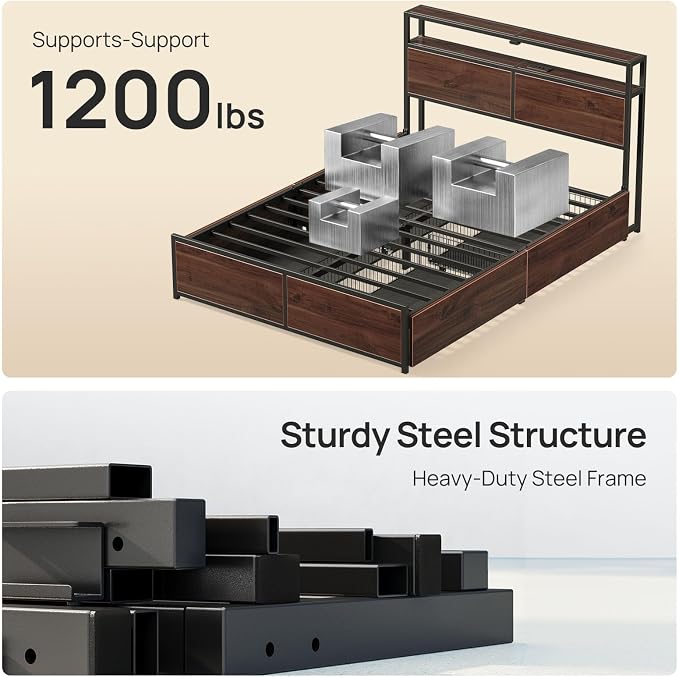 Rolanstar Queen Bed Frame with 4 Storage Drawers, Charging Station and LED