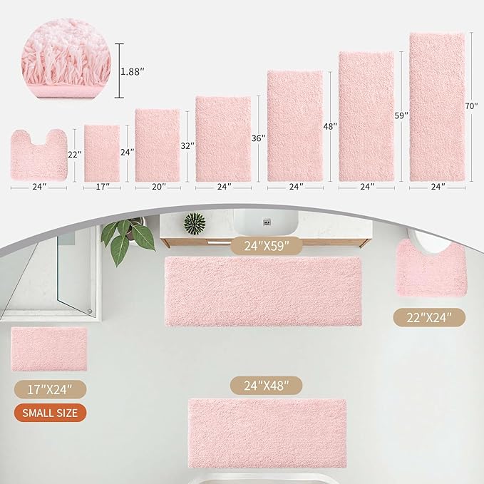 Bathroom Runner Rug 24x59 Pink Non Slip Fluffy Long Bath Mat for Bathroom Floor Washable Plush Luxury Bath Rug for Tub Absorbent Shower Sink Mat Bedside Rug