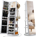 IRONCK 360° Swivel Mirrored Jewelry Cabinet with Full-Length Mirror, Charging Station, Lockable Standing Jewelry Organizer with Rear Storage Shelves, Interior Mirror, LED Lights, White