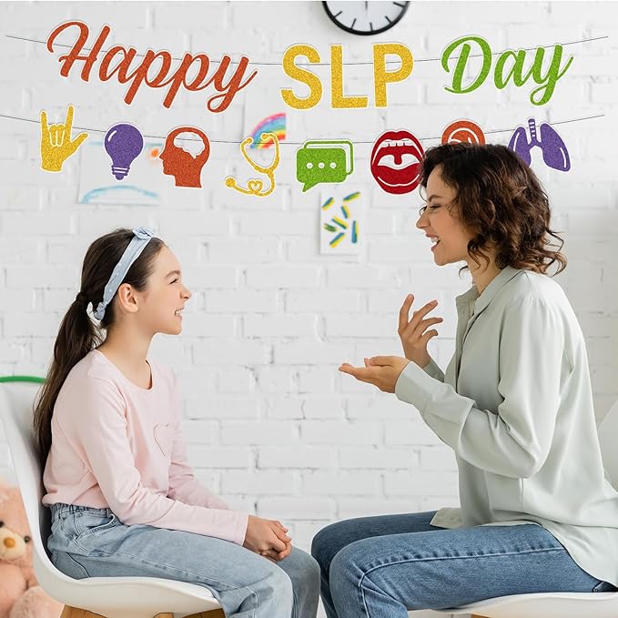 National SLP Day Decorations - 2PCS Gittler Happy SLP Day Speech Language Pathologist Awareness Banners Decor, Colorful Speech Therapy Month Party Supplies (No-DIY)