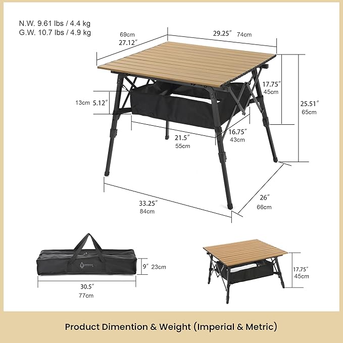 ARROWHEAD OUTDOOR 2-Pack 39" Aluminum Folding Camp Roll Up Table w/Adjustable Height, Undertable Mesh Storage, Carry Bag