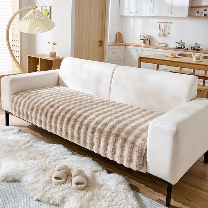 Faux Fur Couch Cover Fuzzy Soft Plush Thick Bubble Sofa Cover Luxury Sectional Couch Covers Luxury Anti-Slip Sofa Slipcover Washable Furniture Protector (Khaki,28"x47")