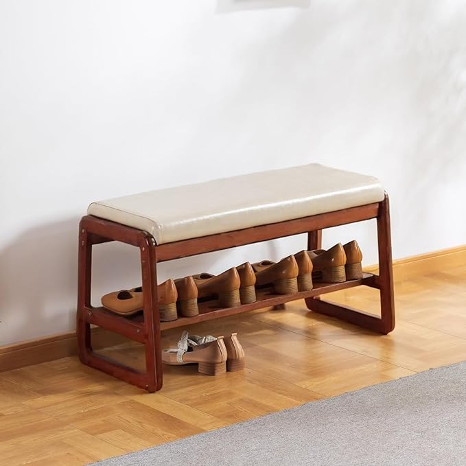 Shoe Rack Bench, Solid Wood Entryway Bench, Shoe Storage with Cushion Seat for Entry, Hallway (Beige-31.5")
