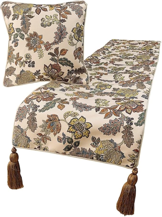 The HomeCentric King Queen Twin Multi Color & Ivory Handmade Twin 53"x18" Bed Runner with Pillow Cover, Floral Bed Scarf on Jacquard Fabric - Seasons Blossoms