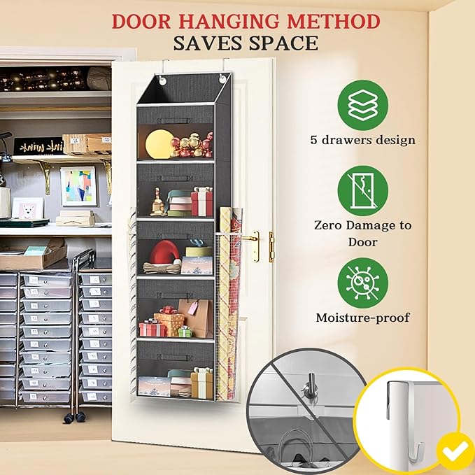 Ofiray-home Over Door Wrapping Paper Organizer Storage with 5 Removable Drawers & 2 Large Side Pockets for Gift Wrap Rolls Wrap Storage for Ribbons, Bows, Ornaments and Tools