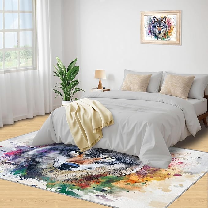Wolf Rugs for Bedroom - 3x4 Area Rug - Graffiti Wolf Rugs for Living Room, Abstract 3D Animal Graffiti Rug, Washable Home Decor Carpet