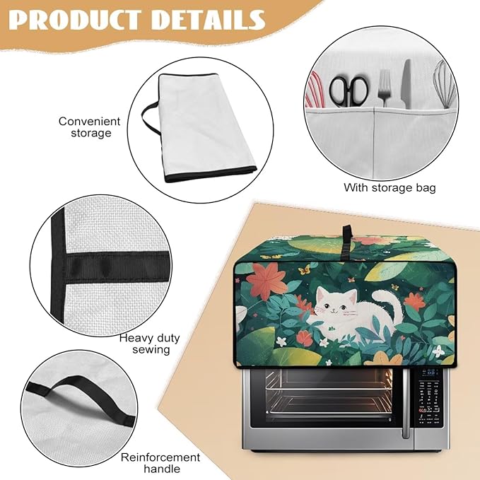 Air Fryer Toaster Oven Dust Cover Protective Convection Oven Cover with Pockets and Handle for Kitchen Countertop, M, 16.5 x 20.5 x 10 Inches, White Cat Green Leaf Flower