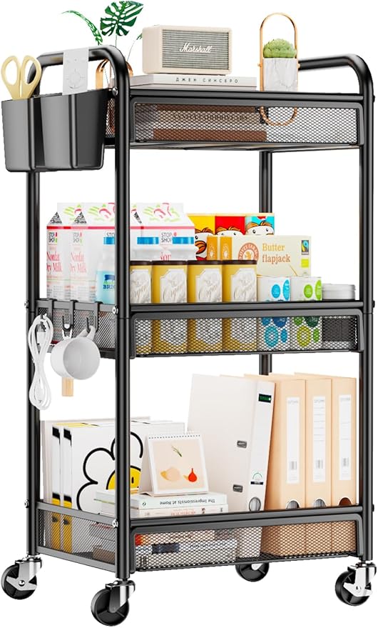 YASONIC 3 Tier Rolling Cart – Metal Utility Storage Carts with Wheels, Craft Cart Organizer with Hanging Cups, Hooks, Mesh Basket for Bedside Kitchen Office Art, Black