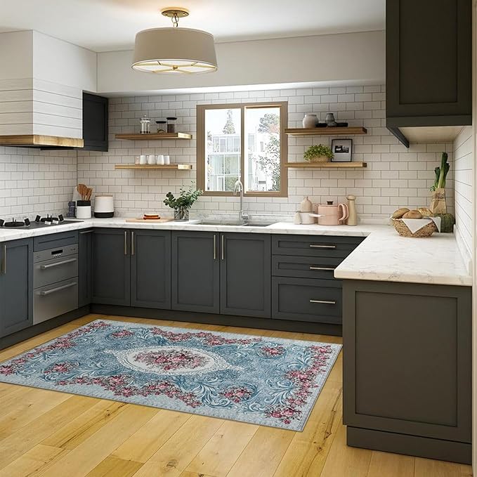 Easy-Going Area Rug 4x6 Washable Floral Rugs for Living Room Non-Slip Bedroom Rug Low Pile Lightweight Retro Flowers Throw Rug for Dining Room Kitchen Home Office Carpet, Teal Red